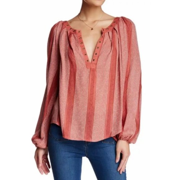 Free People Against All Odds Grommet Long Sleeve Balloon Sleeve Blouse Medium - Picture 12 of 13